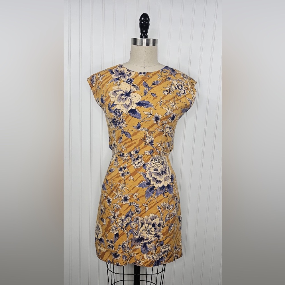 Anthropologie Tie-Back‎ Utility Mini Dress Gold Floral Size 10 - Picture 3 of 13